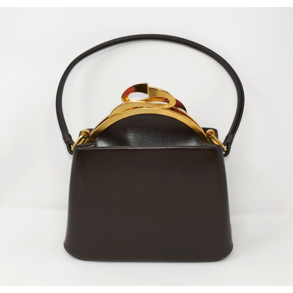 Harry Rosenfeld Vintage Brown Leather Handbag Mid-Century Sculptural Gold Clasp
